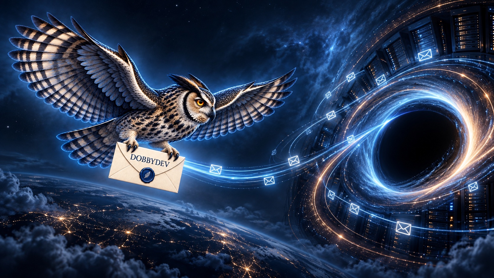 Букля летит с письмом DobbyDev рядом с визуальным образом почтовой платформы Blackhole